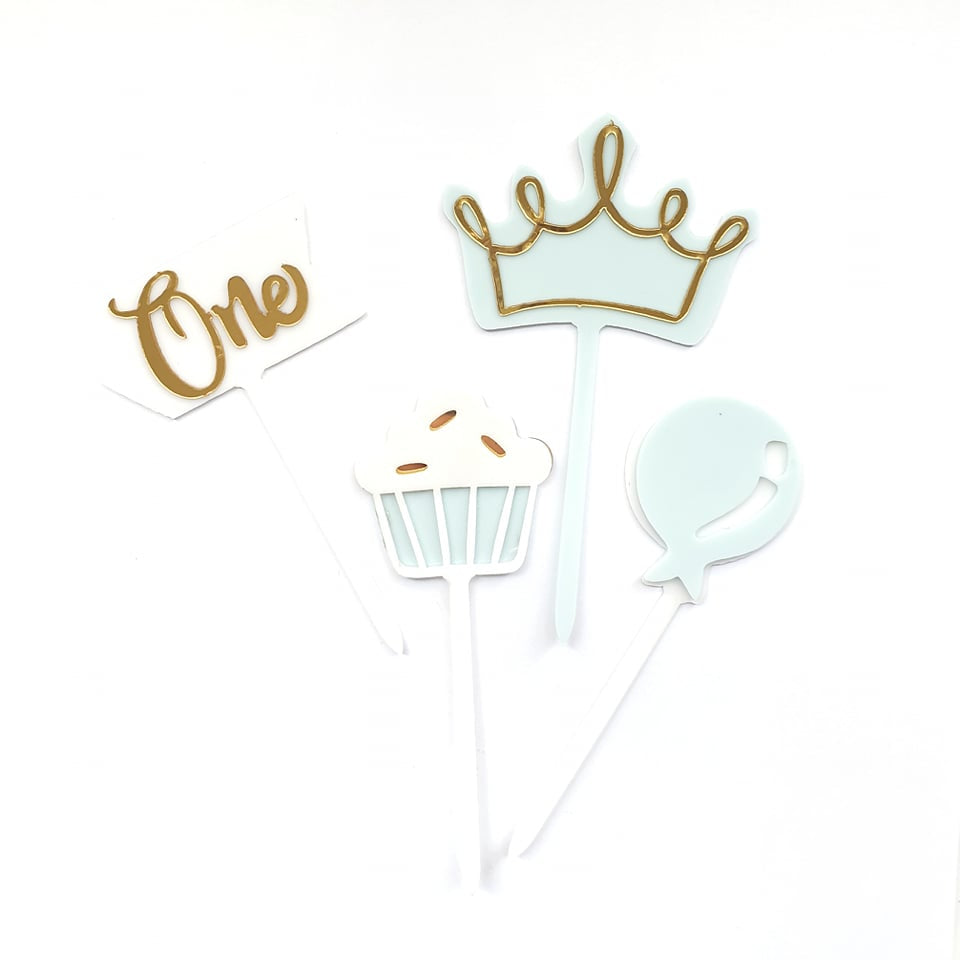 'Cupcake, Crown, Balloon - One' Acrylic Cake Topper