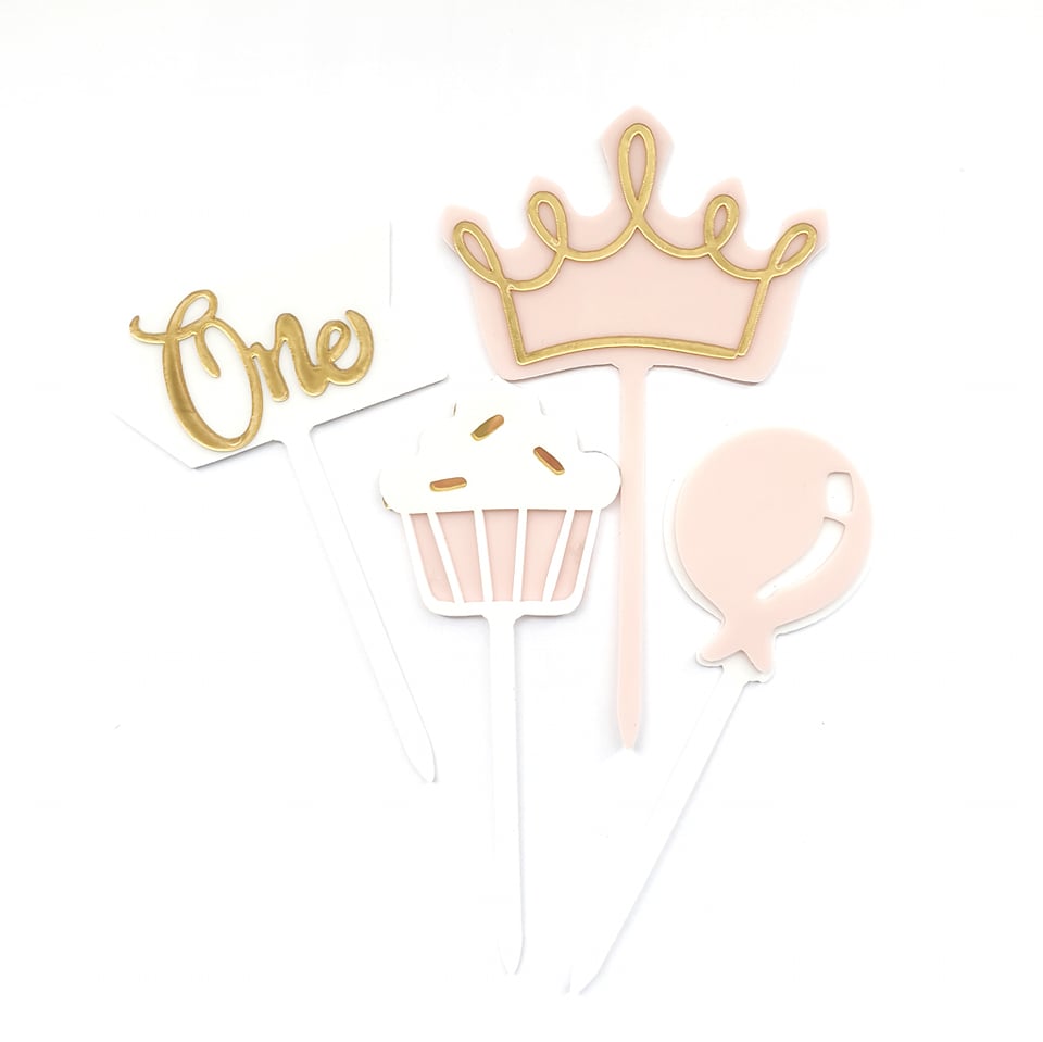 'Cupcake, Crown, Balloon - One' Acrylic Cake Topper